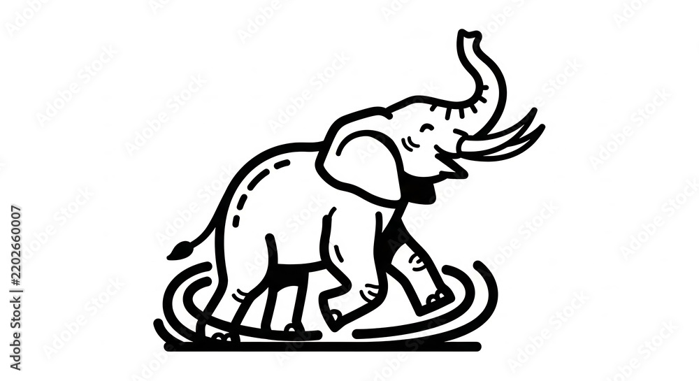 Fototapeta premium Elephant line art illustration with raised trunk