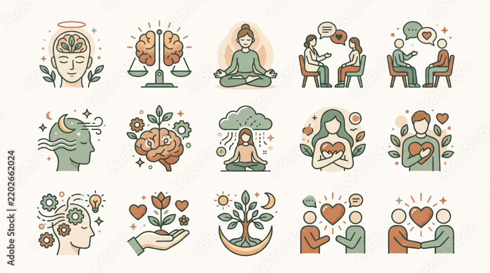 Fototapeta premium Mindful Living and Emotional Balance A Vector Icon Collection for Mental Health, Self-Care, Therapy, and Personal Growth Concepts