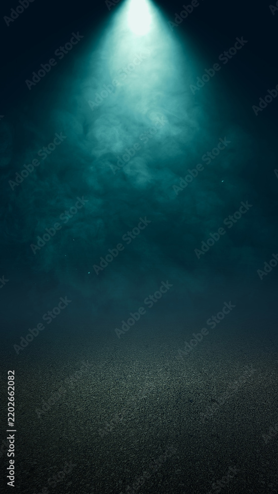 Obraz premium Dark abstract background with a bright teal spotlight shining down on a textured ground surface, filled with moody smoke and atmospheric haze, perfect for product display. Smoke background