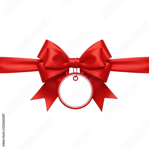 Red silk ribbon bow with a hanging decorative christmas wreath isolated on transparent background