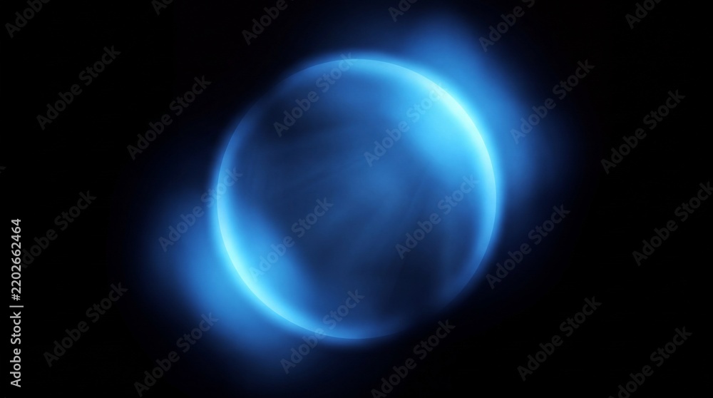Fototapeta premium Glowing blue spherical abstract light orb radiating vibrant energy against a deep dark background creates a futuristic digital science fiction graphic art design concept composition