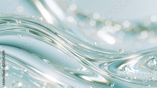 淡いアクアブルーの流れる液体と小さな泡の上品な抽象背景 / Elegant abstract background with flowing aqua blue liquid and small bubbles