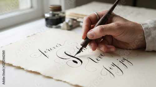 Calligrapher hand writing copperplate script with oblique dip pen on cotton paper