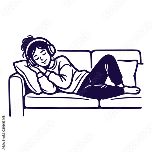 Line drawing of person lying on couch with pillow, wearing headphones, eyes closed, casual clothing, one leg bent and other extended, relaxed home scene symbolizing leisure, calm, and listening.