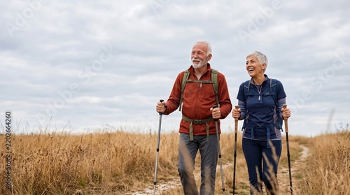 Senior couple hiking together on a trail in autumn field