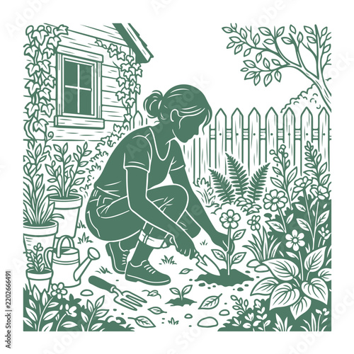 Illustration of person kneeling in backyard garden using trowel to dig soil around flowering plant, surrounded by plants, flowers, watering can, gloves, wooden house with ivy, picket fence, and trees.