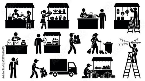 Set of stick figures in a night market or night fair preparing food, selling goods, shopping, and cleaning