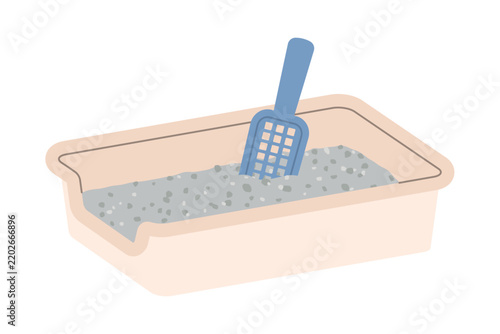 cat litter box with a scoop, pet toilet, cat hygiene, cleaning and everyday pet care, suitable for pet shop, veterinary and animal care designs - vector illustration