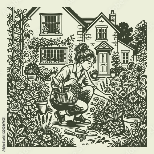 Illustration of person kneeling in front yard garden holding basket, tending plants and flowers, gardening tools nearby, house with windows and door in background, lush vegetation with tall flowers