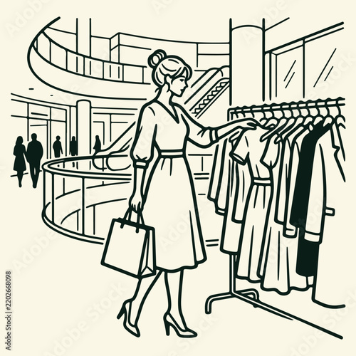 Black and white line illustration of person shopping for clothes in modern mall, holding shopping bag and examining garment on rack, background with escalator, curved railings, multiple floors