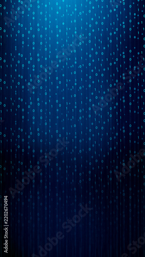 Glowing blue binary code numbers 1 and 0 falling vertically. Abstract technology concept with data stream, cyber security, and computer programming theme. Technology or cybersecurity background