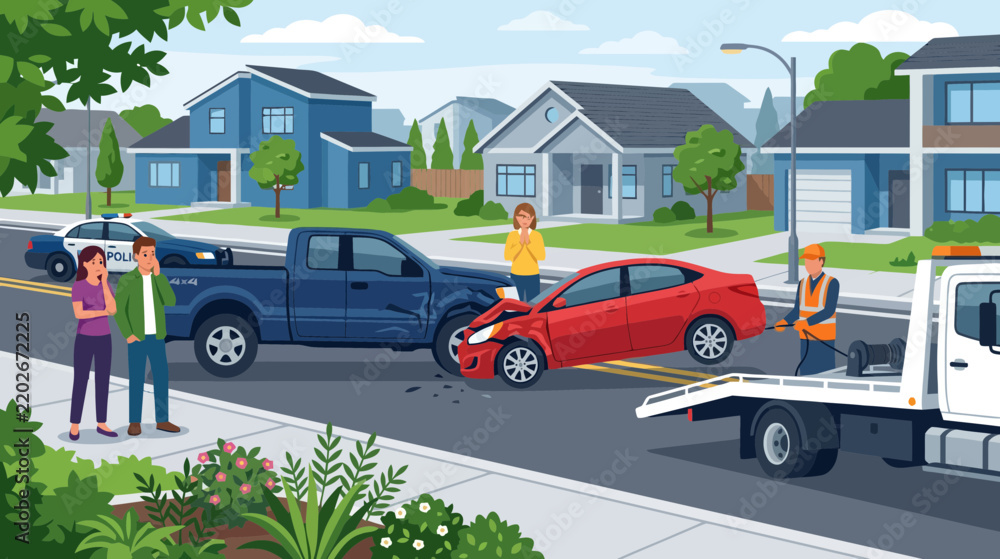 Fototapeta premium Car Accident Scene with Police and Tow Truck