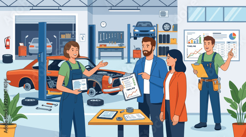 Car repair service: customers consult mechanics at garage with open car