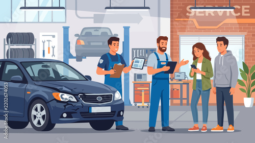 Car Repair Service: Mechanics Discussing Damage with Customers