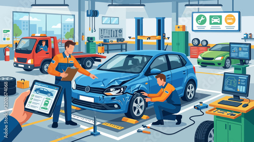 Car Repair Service: Mechanics Inspecting Damaged Blue Vehicle in Garage