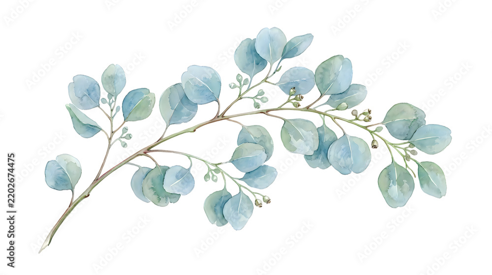 Obraz premium Watercolor painting of a delicate blue eucalyptus branch isolated on transparent background