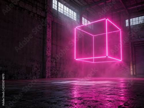 A large, glowing pink neon cube suspended in the center of a dark, industrial warehouse with concrete walls and floors, filled with atmospheric smoke or haze
