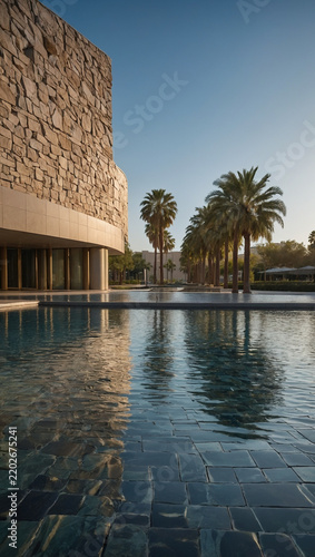 Modern Stone Building with Palm Trees Reflecting in Luxury Resort Pool