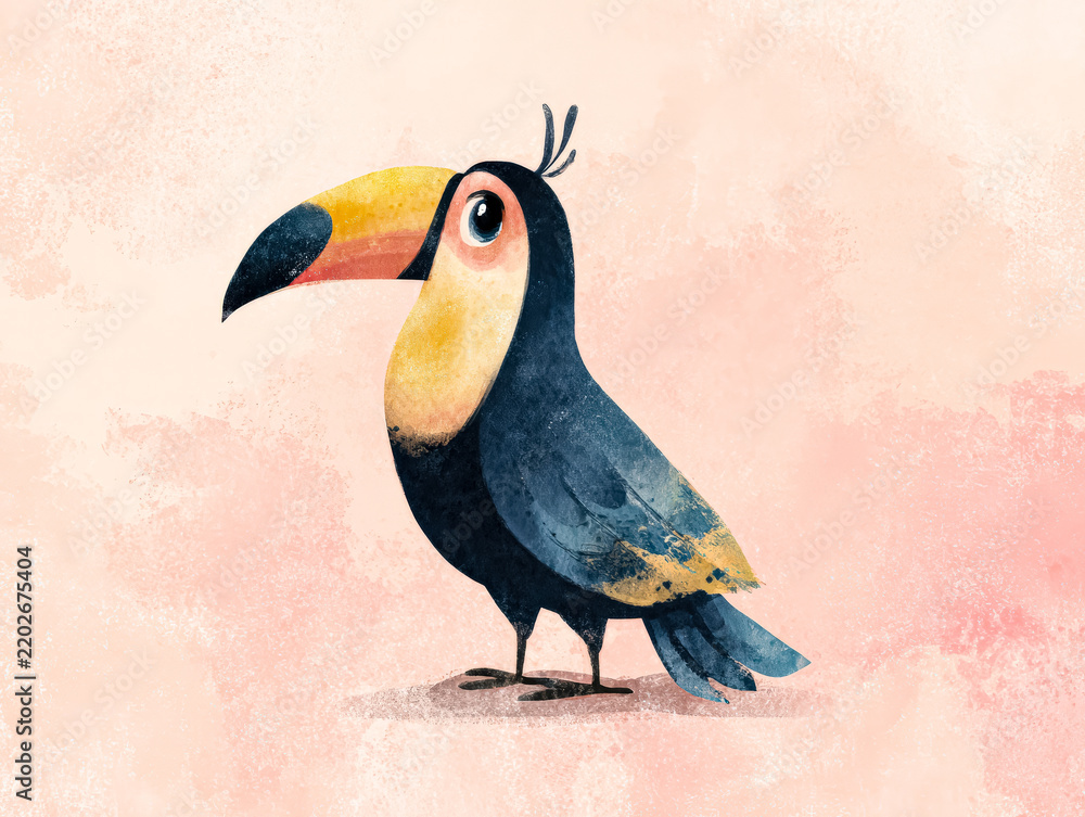 Obraz premium A vibrant illustration of a toucan with a large, colorful beak set against a soft pink background. The artwork features a playful and whimsical style, highlighting the bird's distinctive features.