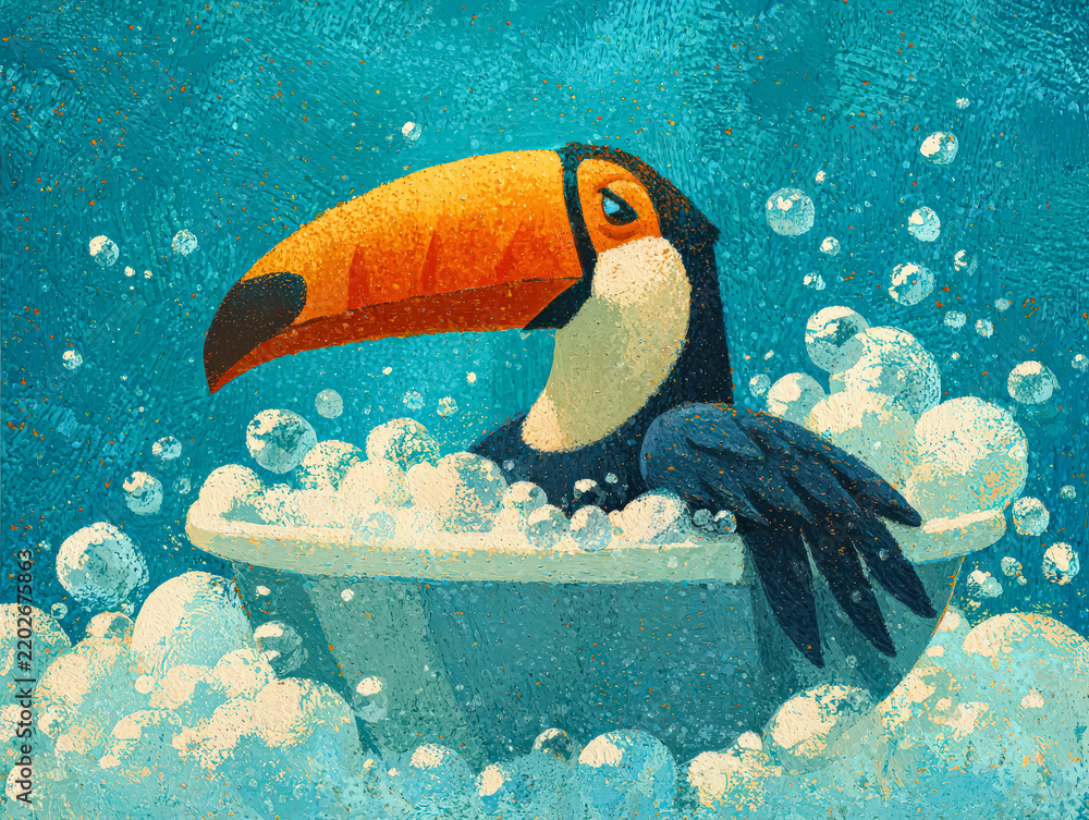 Obraz premium Illustration of a toucan relaxing in a bubble filled bathtub against a textured blue background, suggesting a whimsical and playful scene.