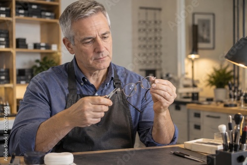 Optician inspecting eyeglass frames at a workbench