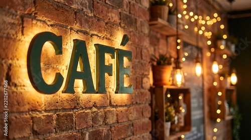 Cozy cafe entrance with vintage lettering, brick wall and warm lights