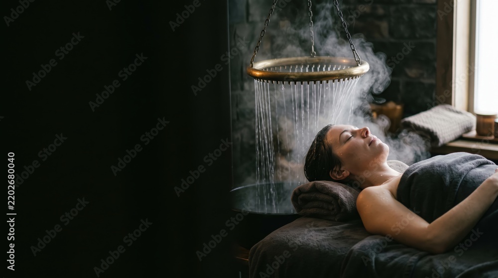 Obraz premium Woman receiving water halo therapy during a japanese head spa treatment. Warm mist surrounds the client in a serene wellness center environment.