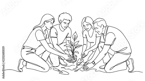 Diverse group planting seedling, teamwork, environment, gardening, isolated