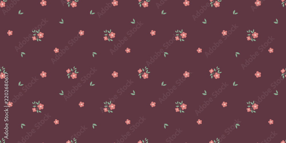 Obraz premium Seamless pattern with cute tiny flowers. Vector ditsy print for wallpaper, and fabric, little blossom and leaves on dark red background