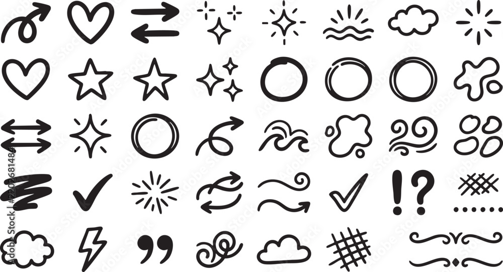 Fototapeta premium Set of hand drawn various doodles featuring arrows stars hearts and decorative elements on white background isolated