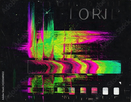 Neon Glitch Abstract Distortion Texture with Vibrant Colors and Dark Grunge Frame