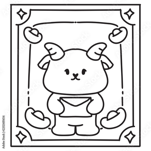 Chinese new year 2027 year of the Goat red and gold line art character, simple hand drawn asian elements with craft style on background. (Chinese translation: Happy chinese new year 2027, year of the 