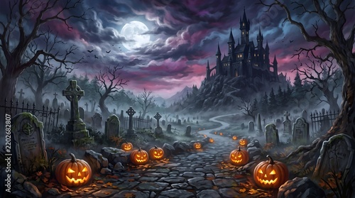 Spooky halloween night scene with a haunted castle and illuminated jack o lanterns