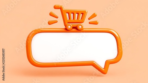 3d rendered shopping cart icon on orange glossy speech bubble for e-commerce website interface design and sales promotion.