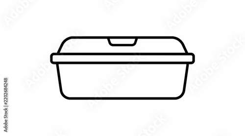 A simple black outline icon of a rectangular food container on a white background with art icon with container lid viewed