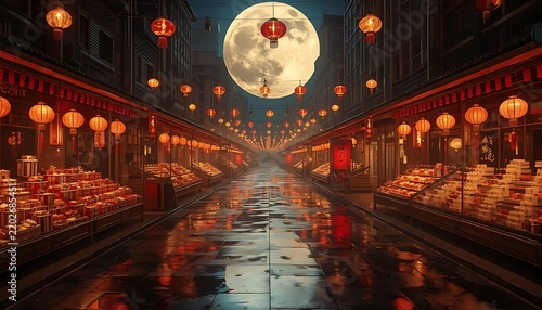 Lanterns glow along a night market.