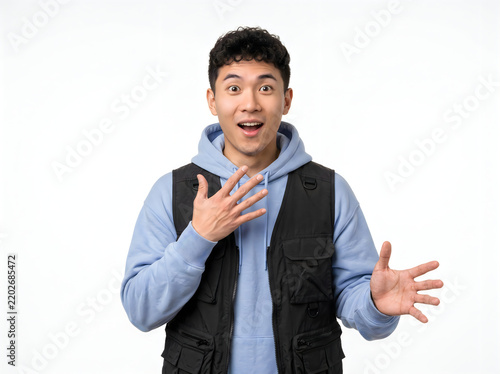 Surprised young Asian man gesturing with hands isolated on white background