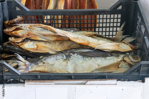 Dried Chehon Fish In Black Crate With Price Tag