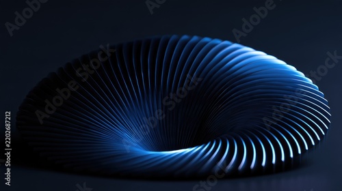 A dark, metallic, fluted torus-like object glows with internal blue light