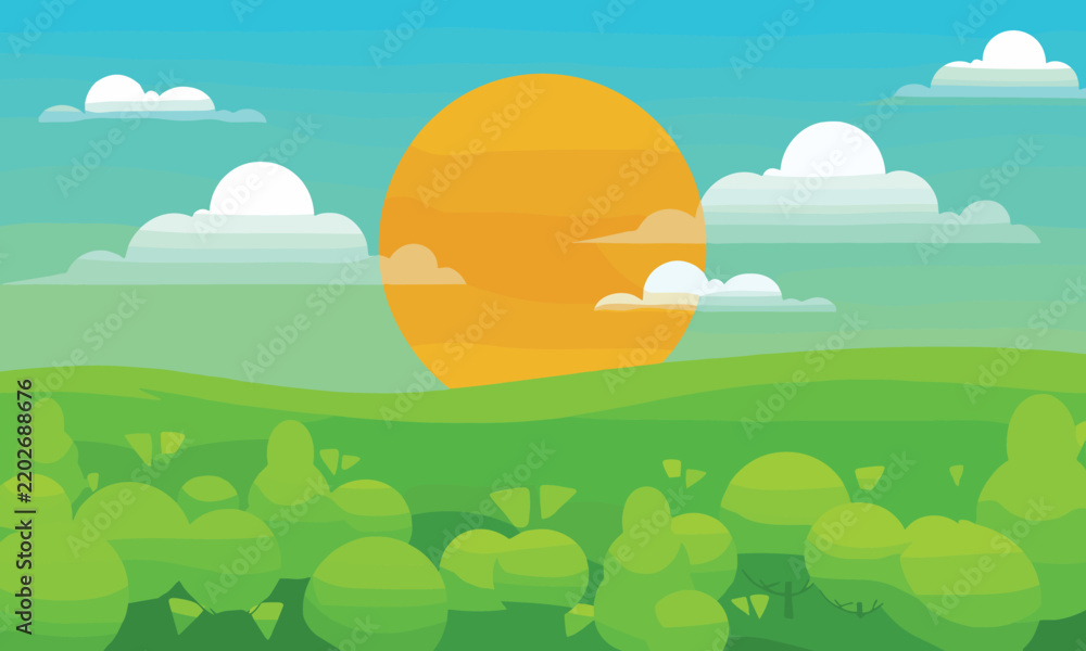 Obraz premium Flat vector illustration of a sunny day with green hills and bright blue sky with clouds