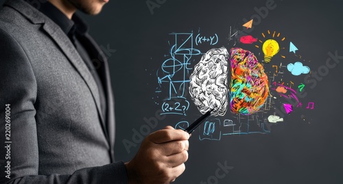 Man pointing to colorful brain illustration with math & creative symbols
