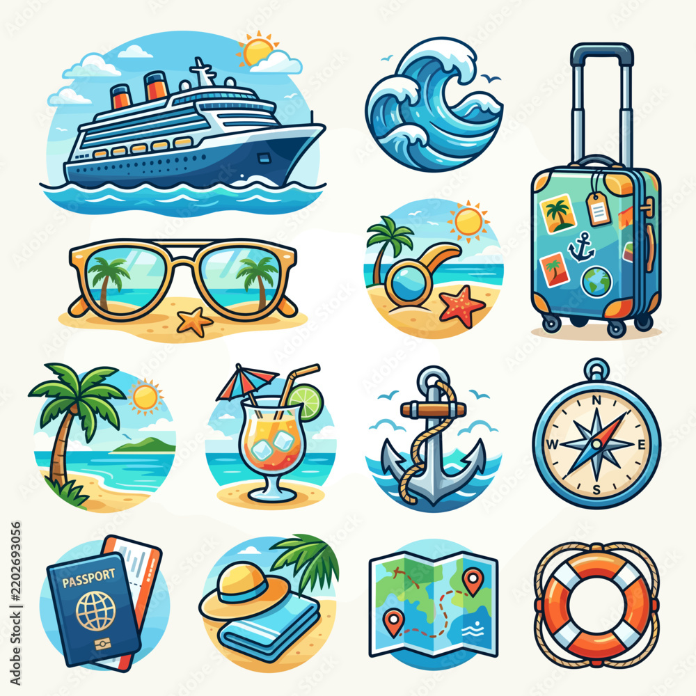 Obraz premium Summer Vacation Travel Icons Set Cruise Ship Sunglasses Beach Cocktail Passport Map