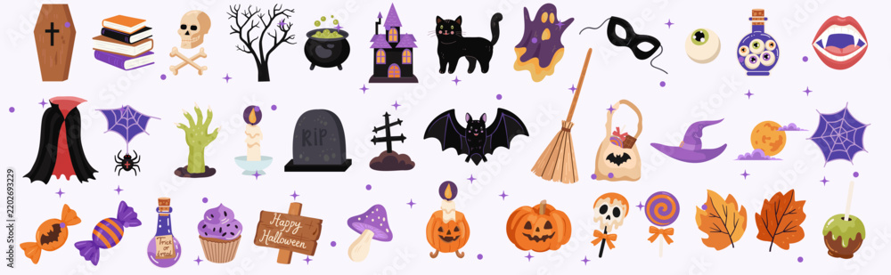 Obraz premium Set of Halloween illustrations clipart on light background