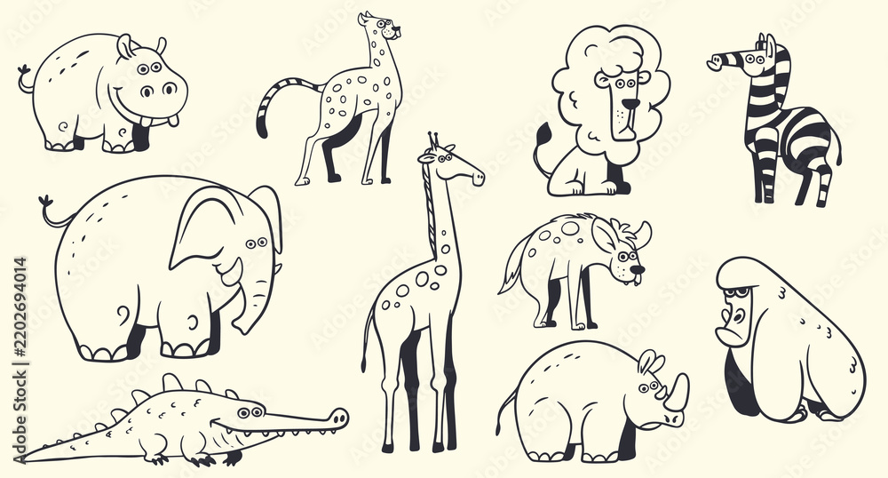 Fototapeta premium African wild animals doodle vector set featuring elephant, giraffe, lion, zebra, hippo, rhino, crocodile, cheetah, gorilla and hyena isolated on background.