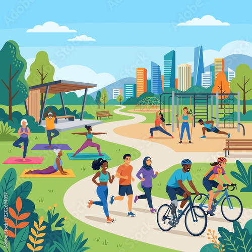Diverse group of people enjoying various outdoor fitness activities in a vibrant city park