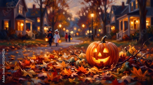 Warm halloween evening on a residential street with glowing jackolanterns and trick or treaters