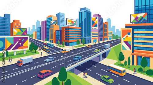 Busy City Intersection with Buildings, Traffic, and Billboards