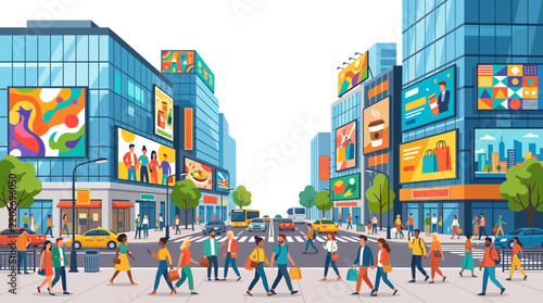 Busy city street scene with diverse people, cars, and vibrant billboards in daylight.
