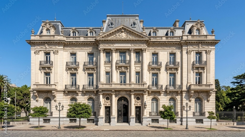 Obraz premium Elegant Beaux-Arts Mansion Facade with Ornate Details and Balconies