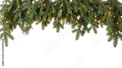 Seamless decorative christmas border with coniferous branches and garlands of christmas lights on isolated background
